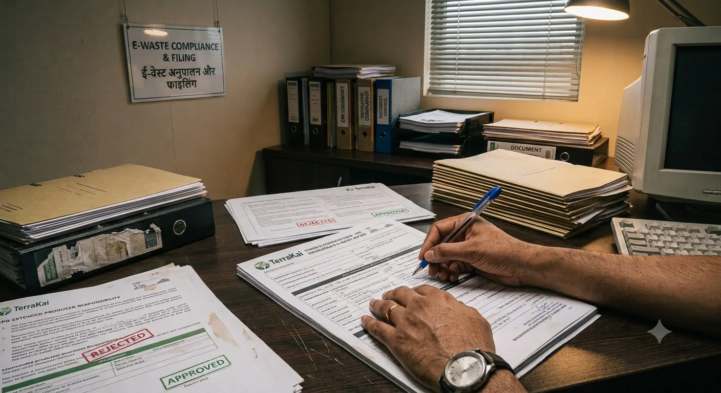 EPR compliance filing — TerraKai forms with approved and rejected stamps, chain-of-custody paperwork